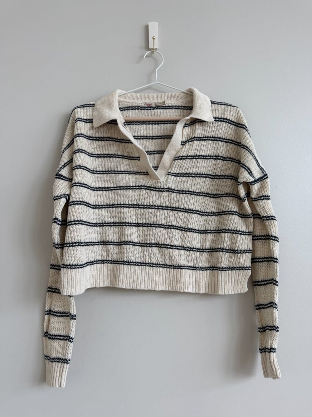 Faherty Cream Navy Striped Linen Cotton Collared Sweater XS